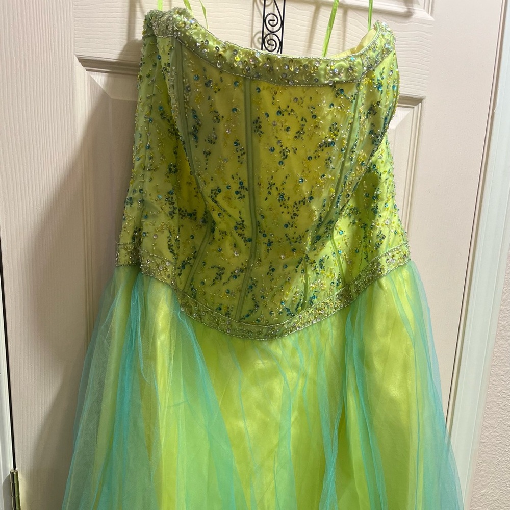 Yellow and aqua blue Beaded Prom Gown with Aqua Tulle
